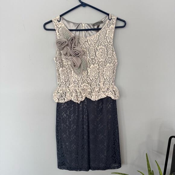 Gracia Dresses & Skirts - Gracia Navy Blue & Gray Lace Mini Dress Size Small w/ Satin & Beaded Flowers
